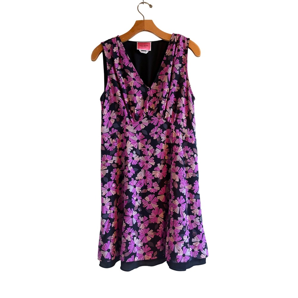 Kate Spade New York 100% Silk Floral Sleeveless V-Neck Dress Pink Purple Black 8